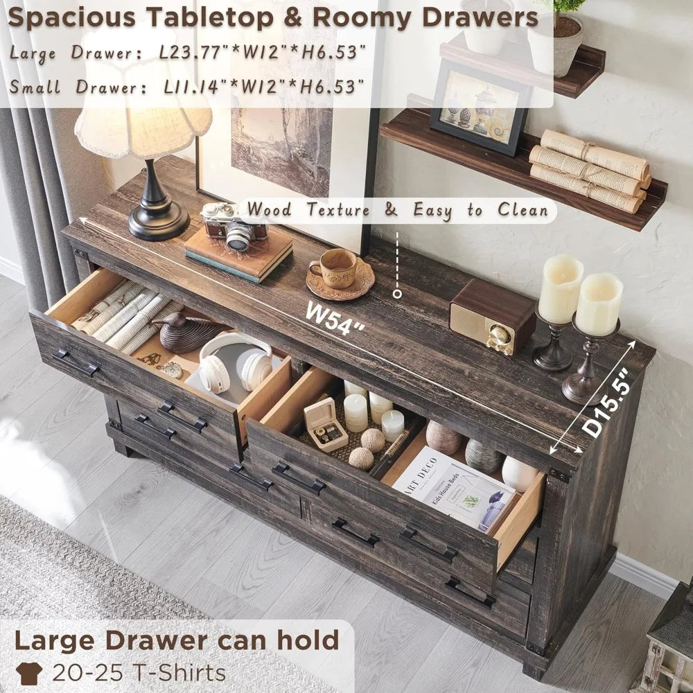 KIARA Farmhouse Rustic 7-Drawer Dresser – Antique Wooden Storage Chest – 54'' Wide Description: