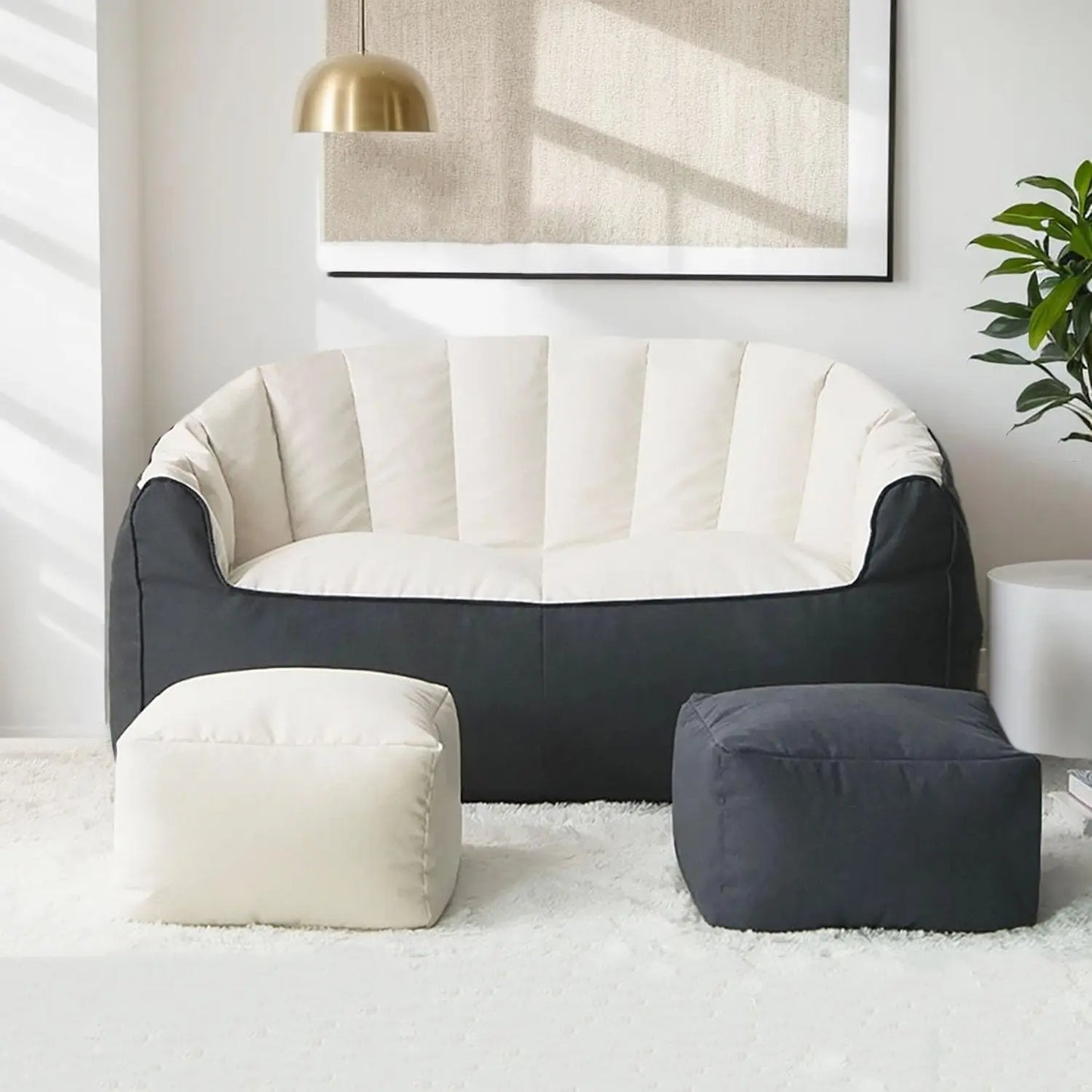 ARIELLE Modern Crescent Bean Bag Loveseat Sofa with Footrests – Cotton Fabric Couch - 45"W