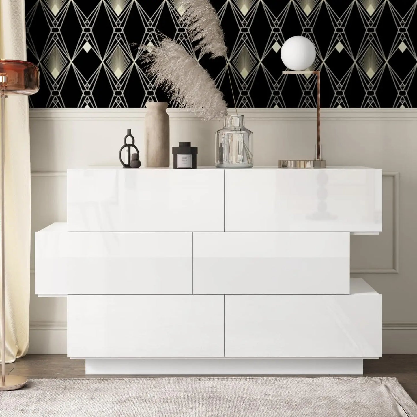 NOA Modern Geometric High Gloss 6-Drawer Dresser - 63"W