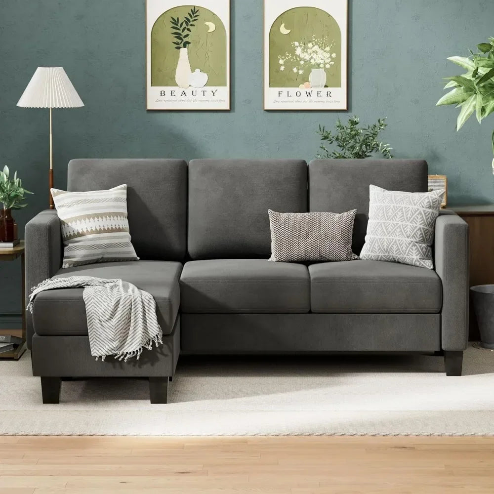 ANGELA Modern Linen Convertible L-Shaped Sectional Sofa – 3-Seater Couch with Movable Ottoman - 70.8"W
