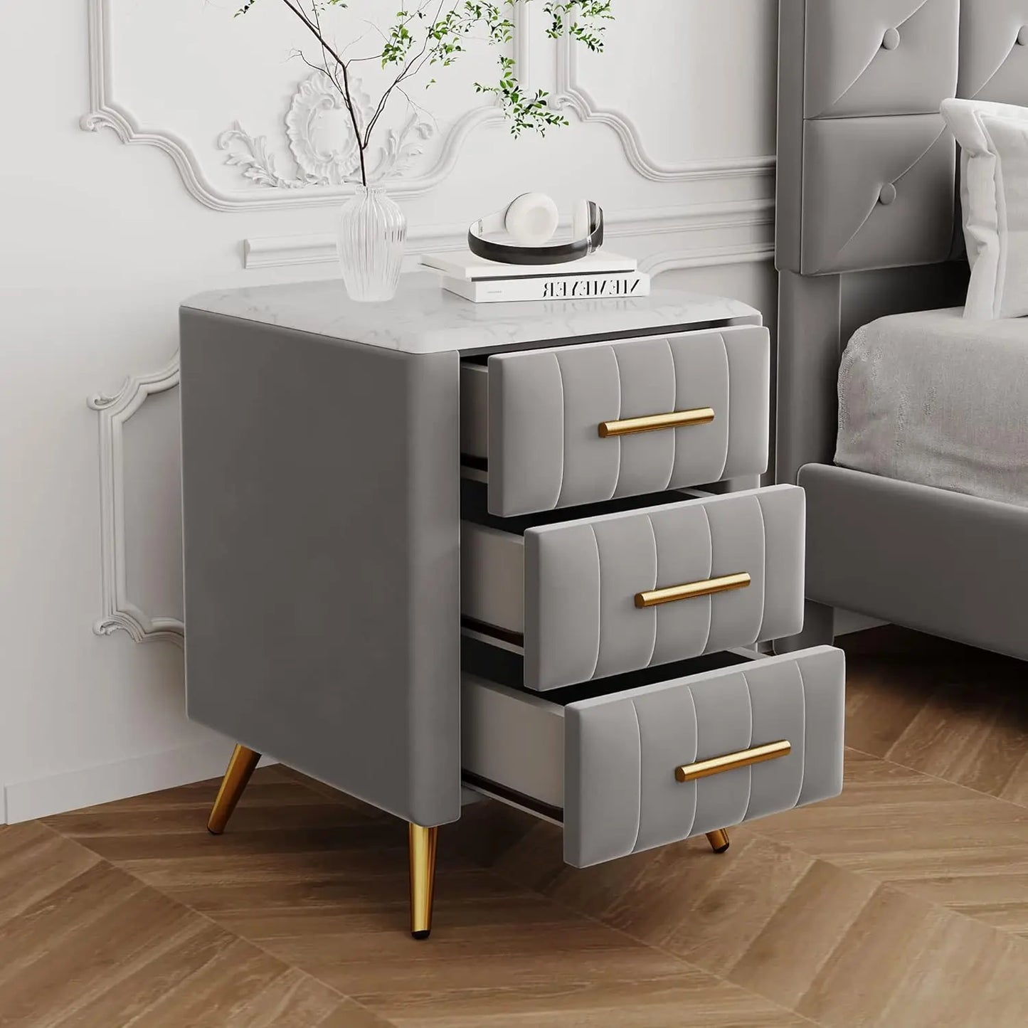 JOANNA Velvet Upholstered Nightstand with Faux Marble Top, 3-Drawer Modern Bedside Table - 16.3''