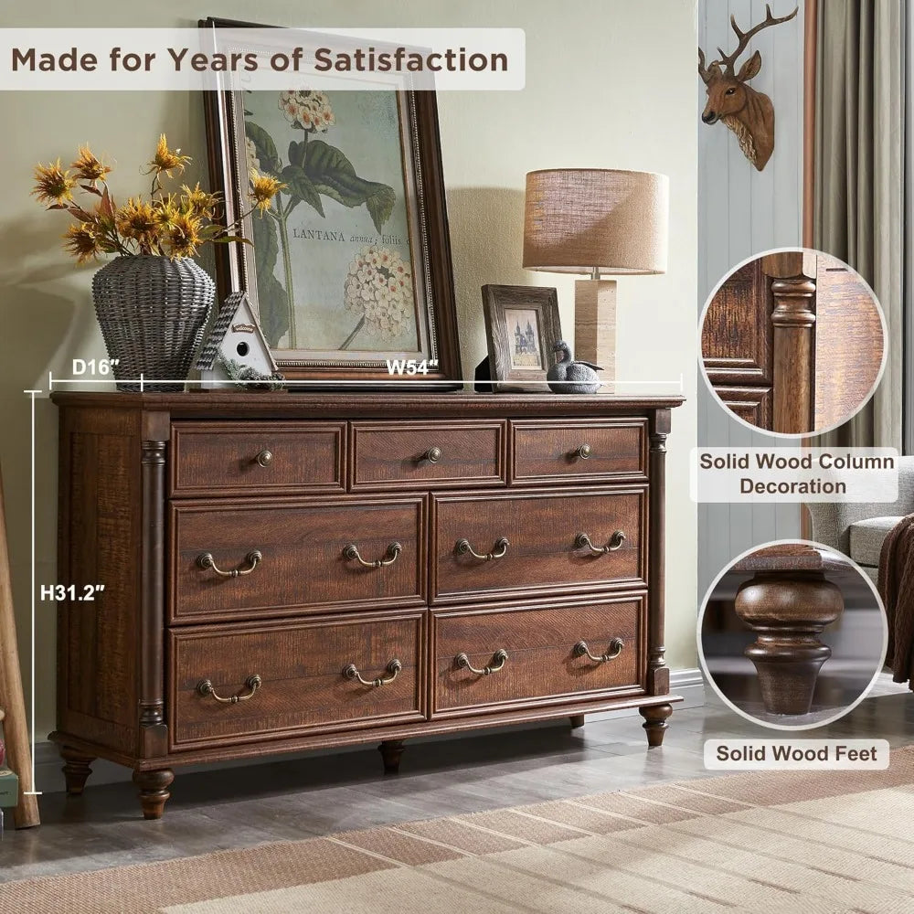 KALI Farmhouse 7-Drawer Wide Wood Dresser - 54'' Rustic Storage Chest