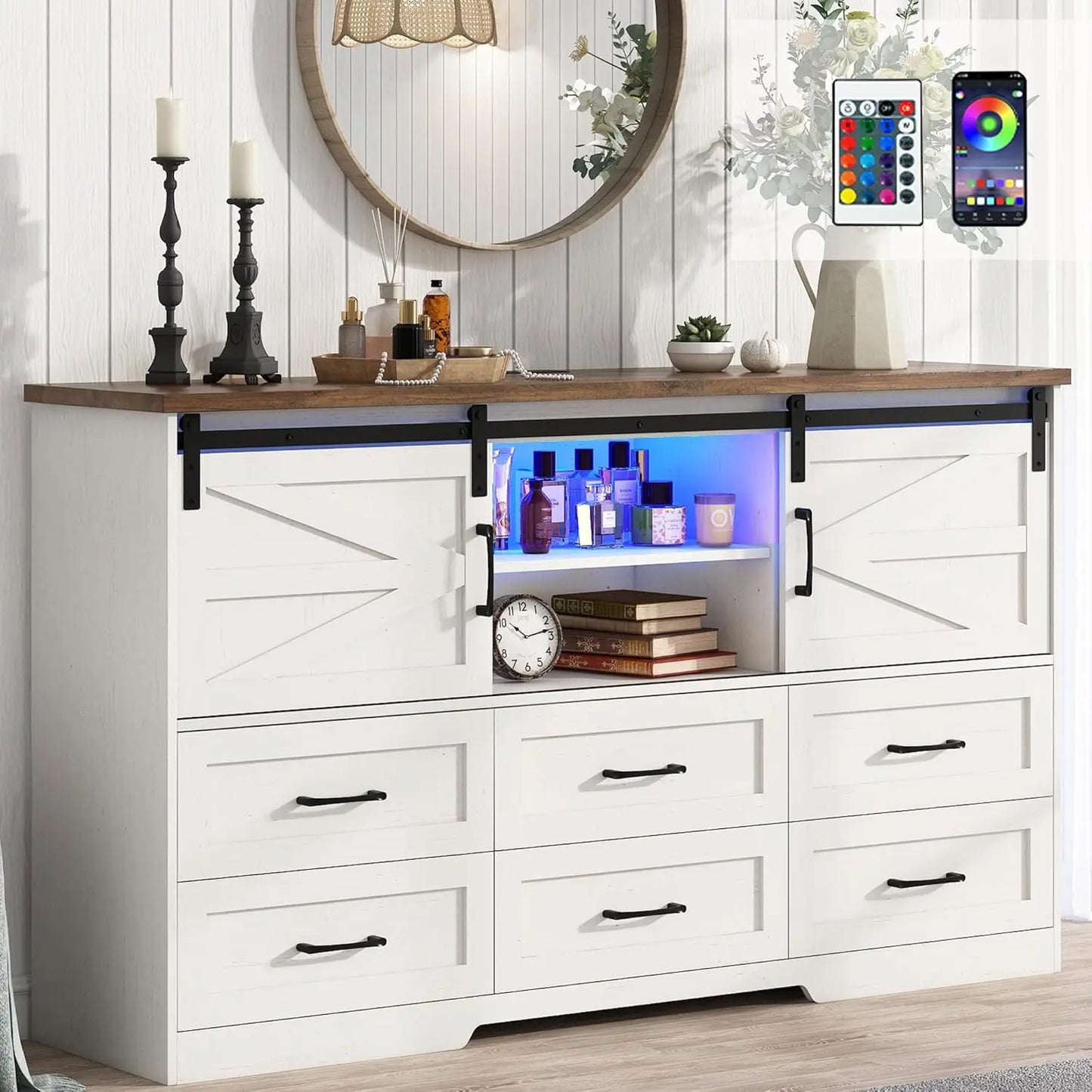GRACIE Rustic Farmhouse 6-Drawer Dresser with LED Lights & Sliding Barn Doors