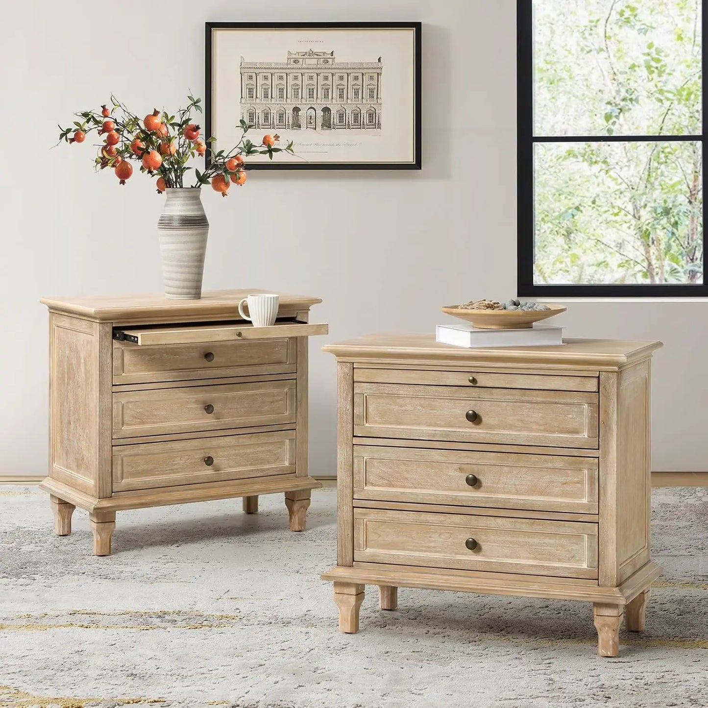 REGINA Farmhouse Nightstand Set of 2 with Charging Station, Pull-Out Shelf & Solid Wood Legs - 27''