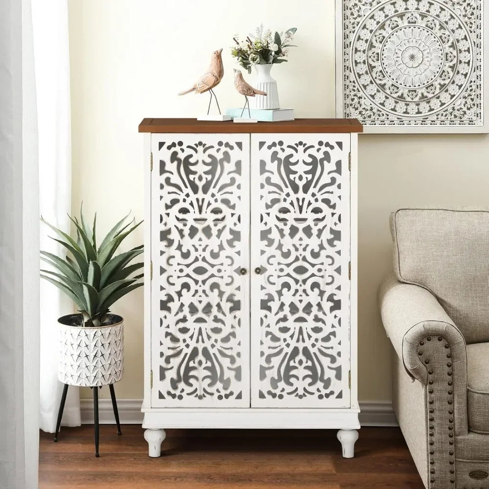 ALESSIA Vintage Carved Wood Accent Cabinet - 31.5" Tall Distressed Storage Cabinet
