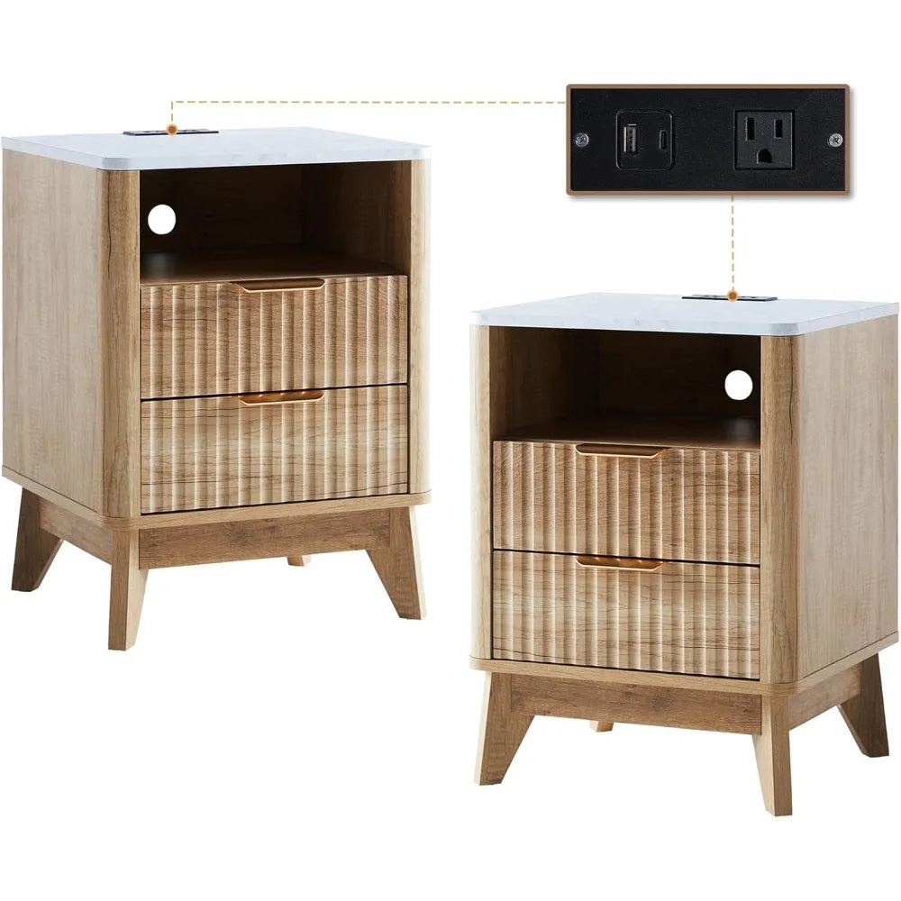 LUCIANA Fluted Farmhouse Nightstand Set of 2 with Charging Statio