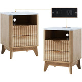 LUCIANA Fluted Farmhouse Nightstand Set of 2 with Charging Statio
