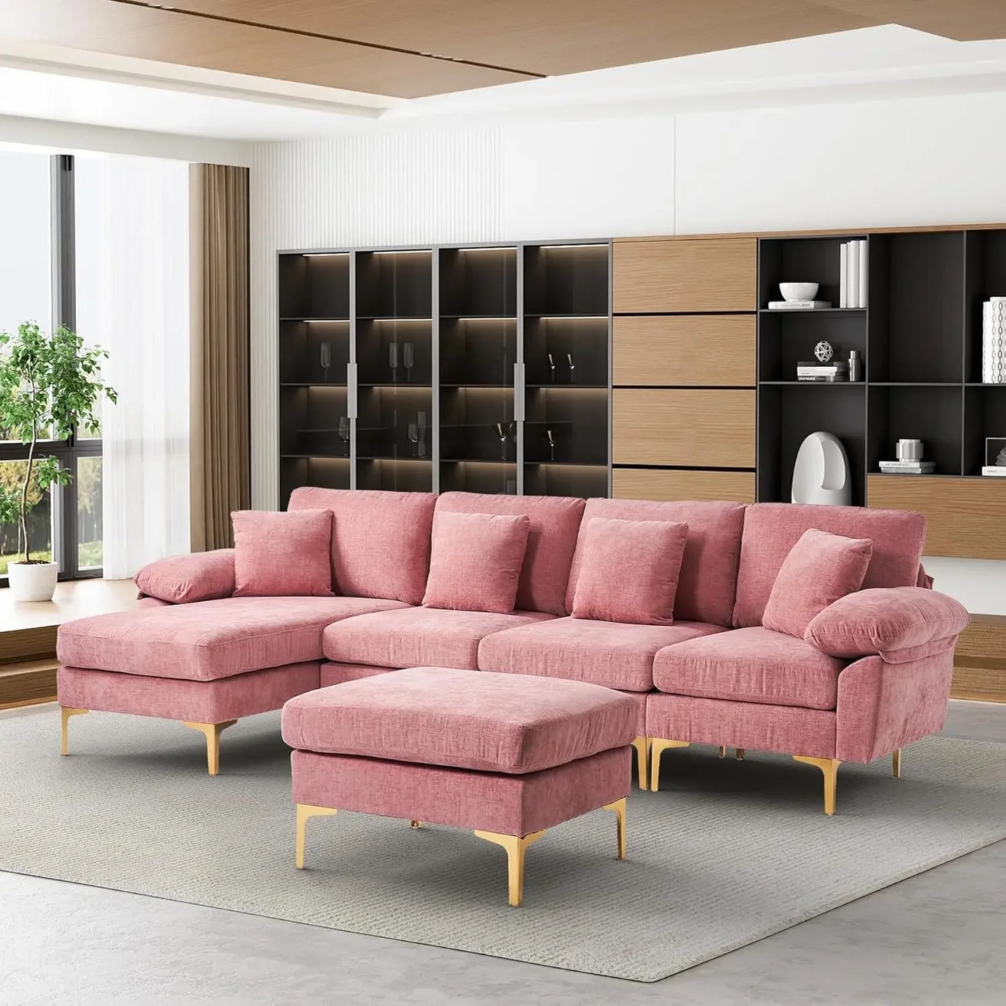 RYKER Modern Velvet U-Shaped Sectional Sofa with Chaise & Ottoman – Sectional Couch – 114.17" W