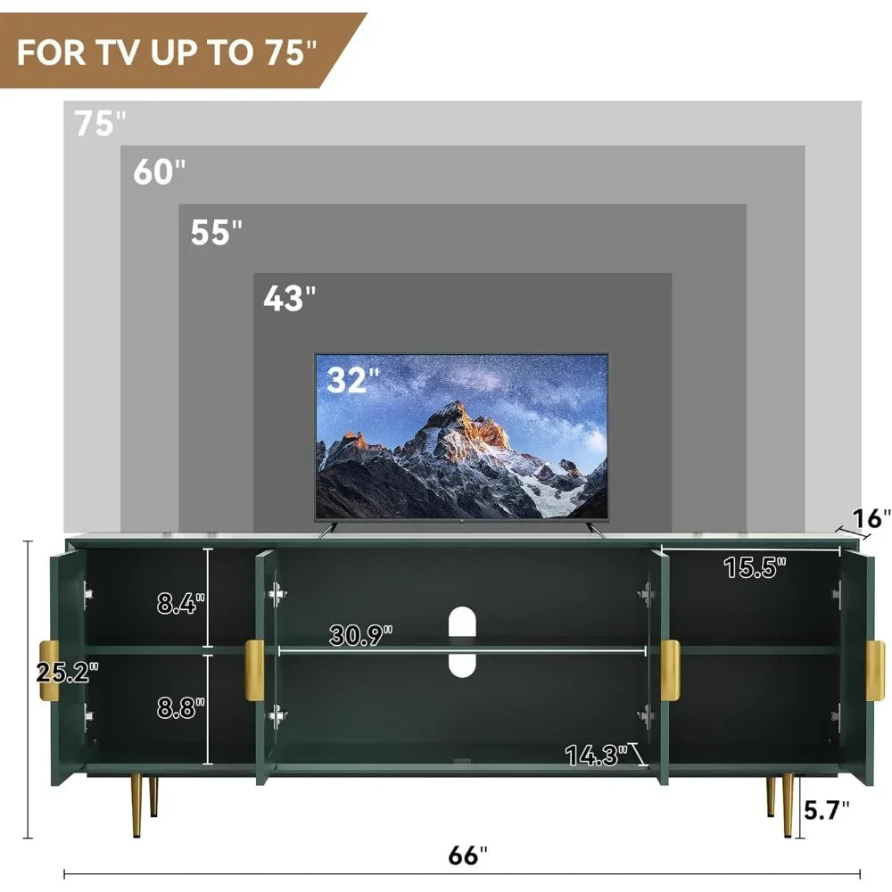 Modern TV Stand for TVs up to 70+ inch, Glass Door Television Console Table with Gold Leg, Entertainment Center with Storage