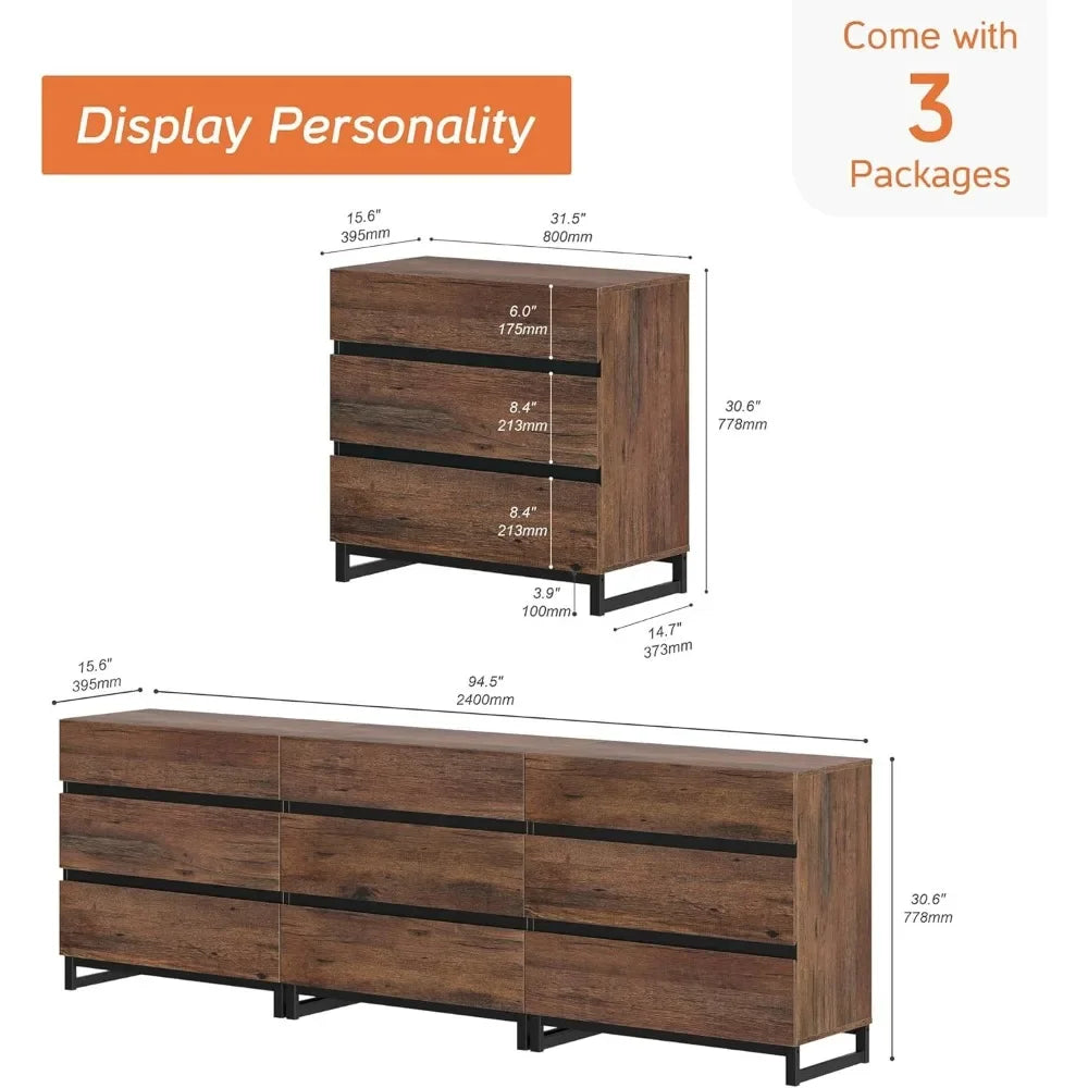 ASPEN Rustic Brown 9-Drawer Modern Wooden Dresser – 94.5'' Wide