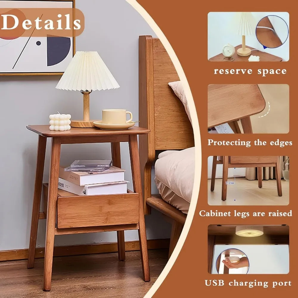 HATTIE Minimalist Bamboo Nightstand – Wooden Bedside Table with Drawer – 13.77” Wide