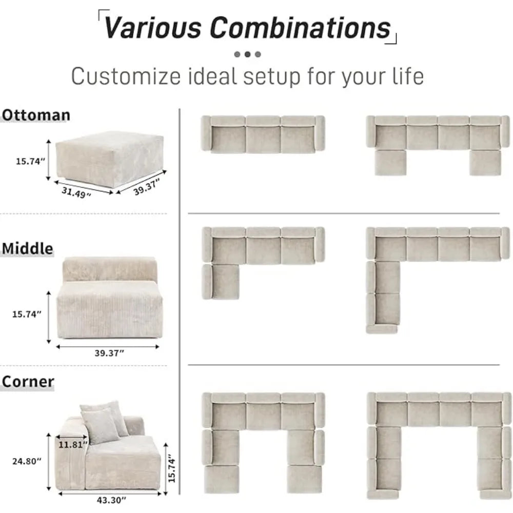 KAYDEN Modular Corduroy L-Shaped Sectional Sofa – Modern 3-Seater with Ottoman - 118.11"W