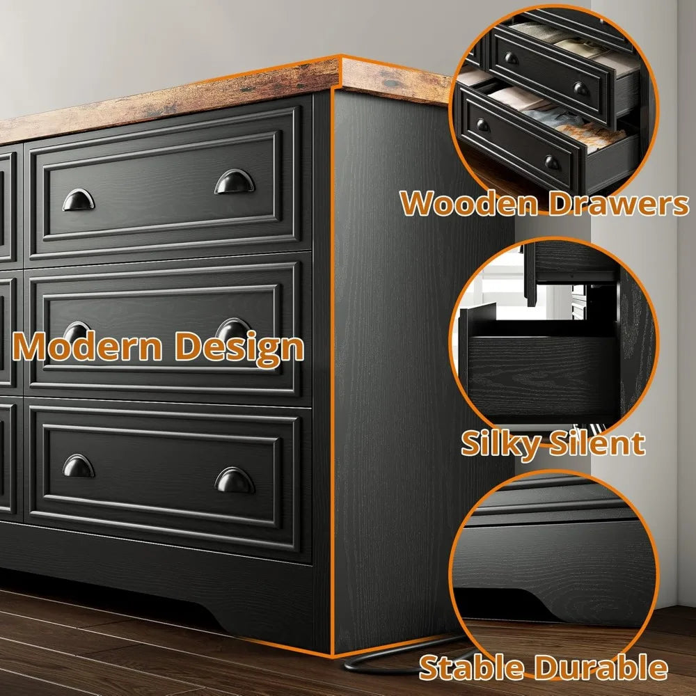 FINLEY Wide 6-Drawer Dresser with Charging Station - Rustic Wood Storage Cabinet