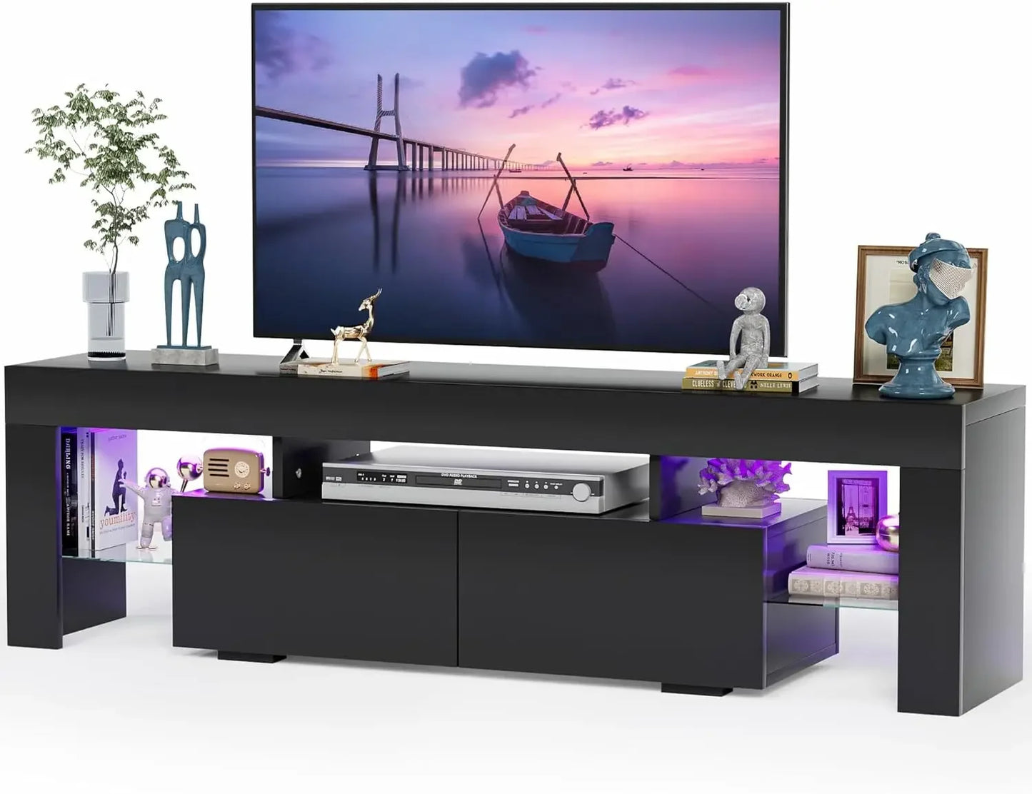 TV Stand with LED Lights, Modern Entertainment Center Media and Open Shelf Console Table Storage Desk with 1 Drawer