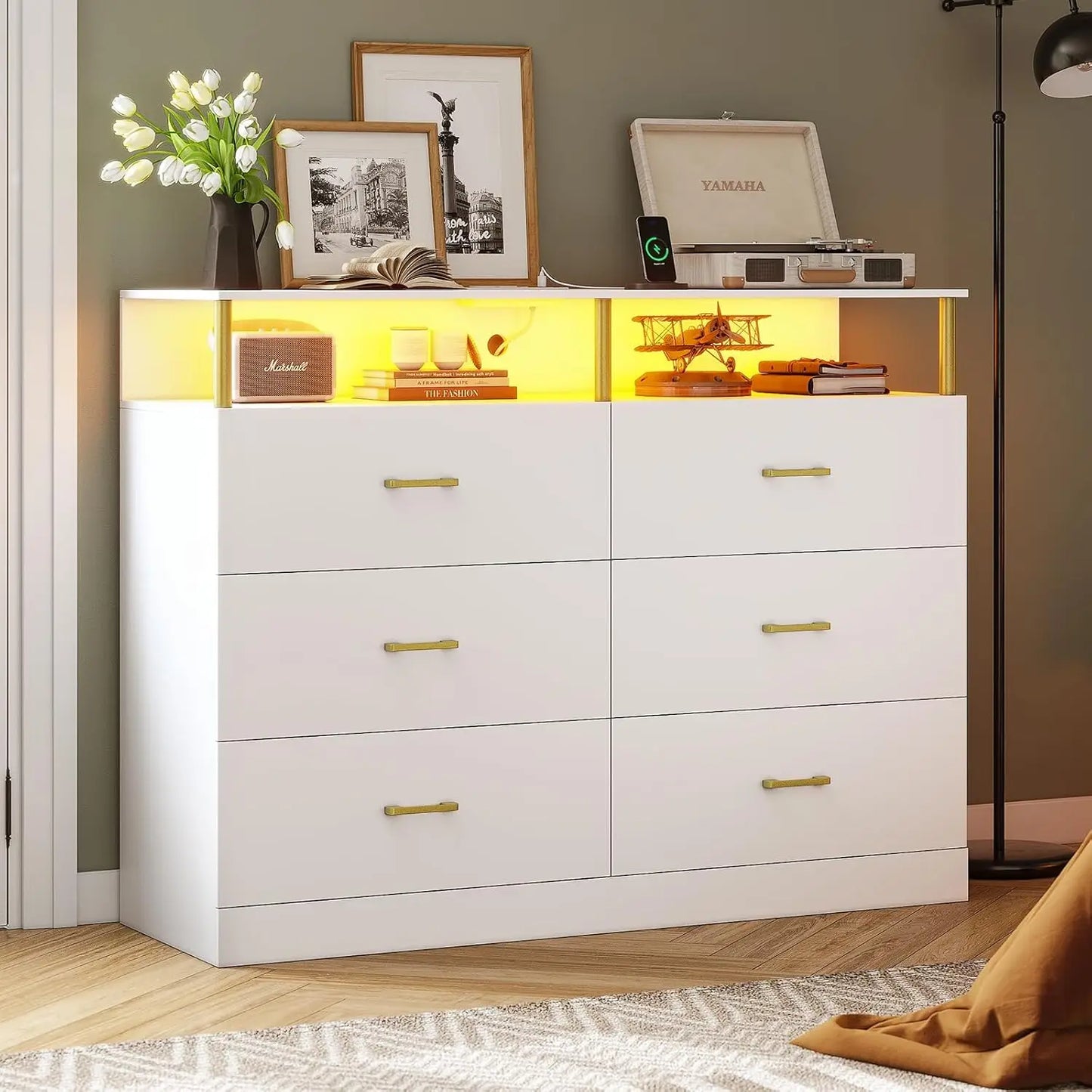 TAYLOR Modern LED Bedroom Dresser – 4 Drawer Storage Chest with Column Design & Charging Station
