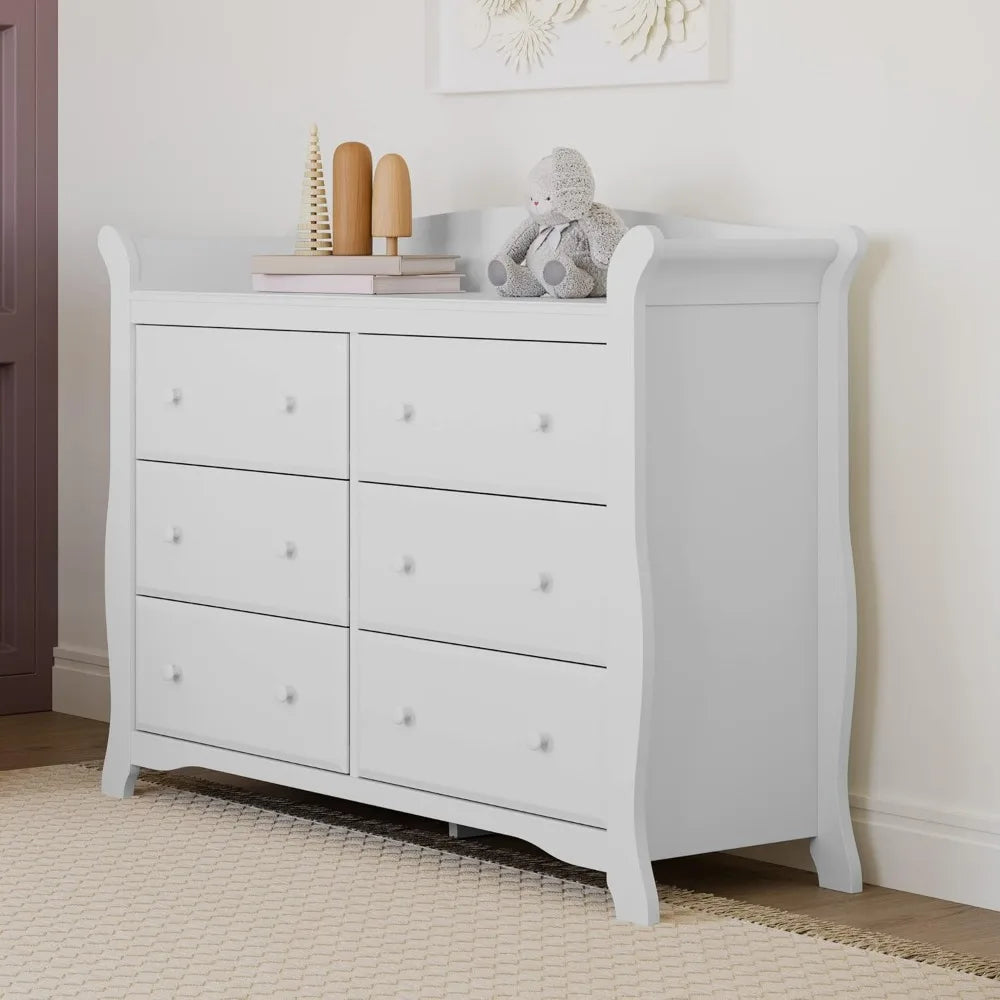VERA Avalon Classic Sleigh 6-Drawer Dresser – White Wooden Chest for Nursery