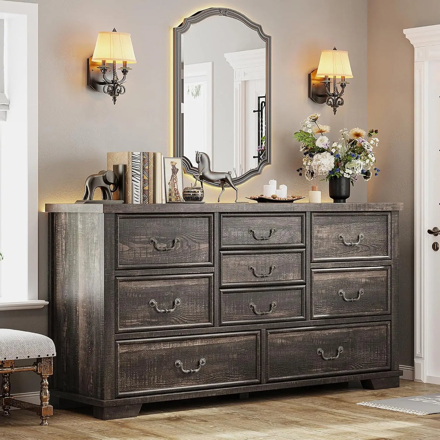 ARABELLA Farmhouse 9 Drawer Wood Dresser - Rustic Chest of Drawers, 52'' Wide