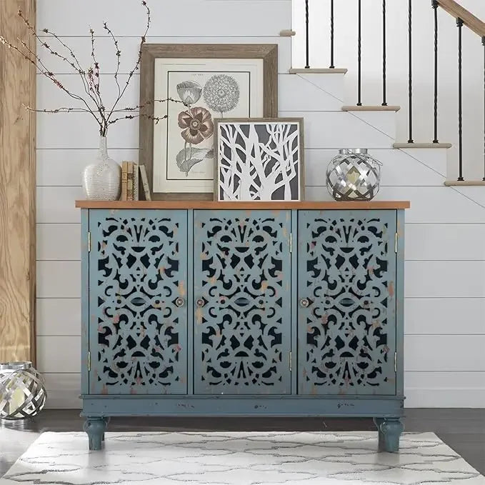 ALESSIA Vintage Carved Wood Accent Cabinet - 31.5" Tall Distressed Storage Cabinet
