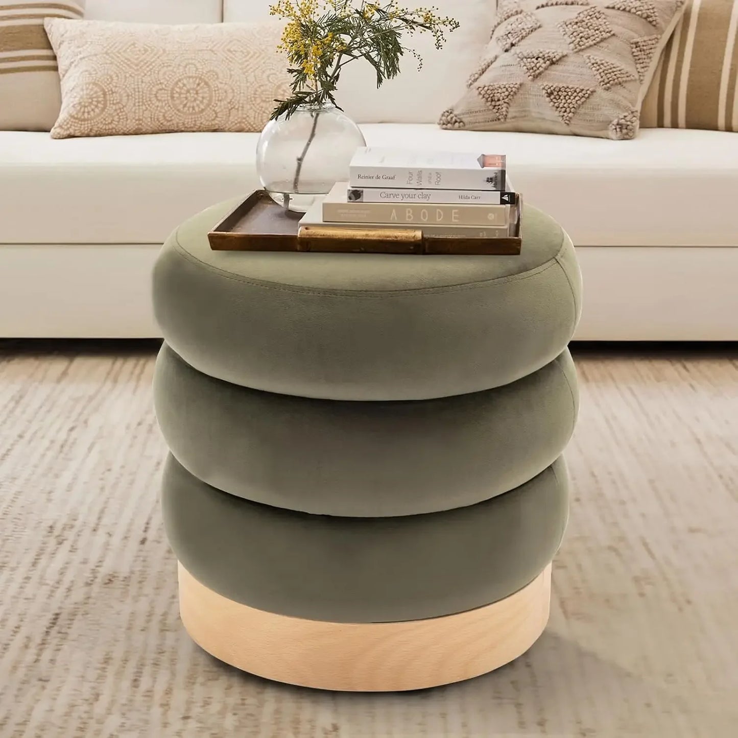 COLTON Velvet Tufted Ottoman - Round Multifunctional Side Table - 18.11" W