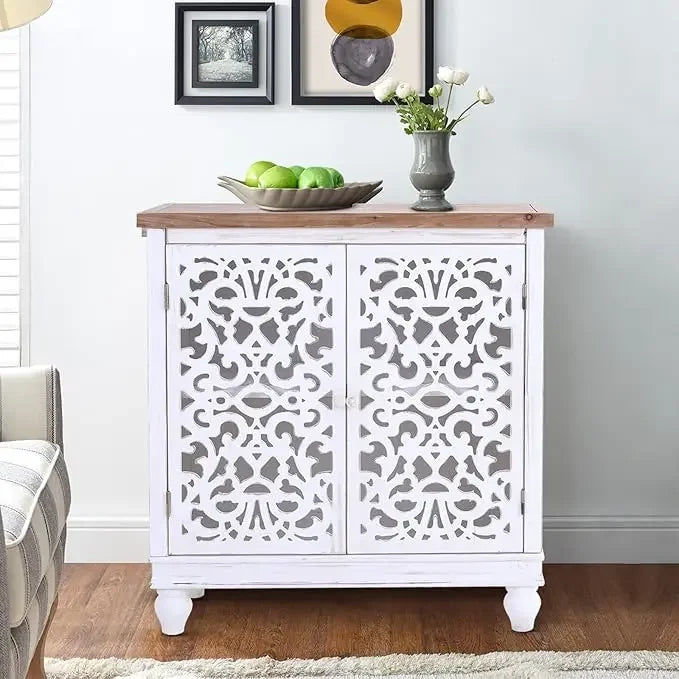 ALESSIA Vintage Carved Wood Accent Cabinet - 31.5" Tall Distressed Storage Cabinet