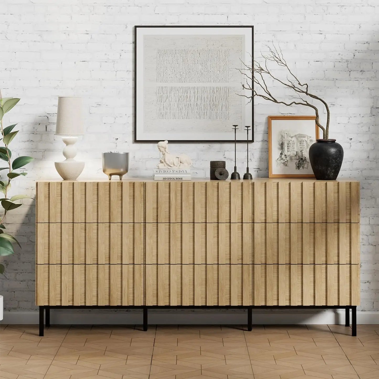 ROWAN Mid-Century Modern Fluted 9 Drawer Dresser - 59" Wide Wood Chest of Drawers