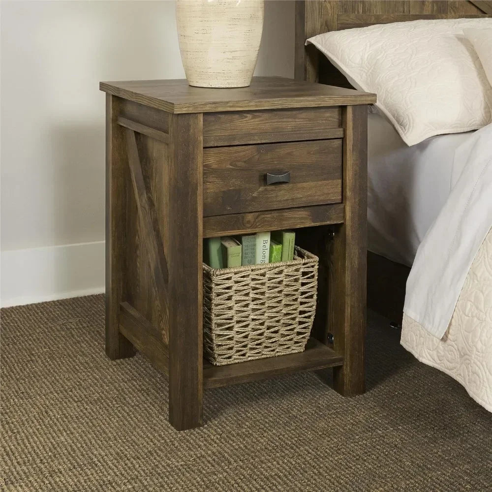 HEIDI Rustic Farmhouse Nightstand with Drawer & Open Shelf - 17.8"