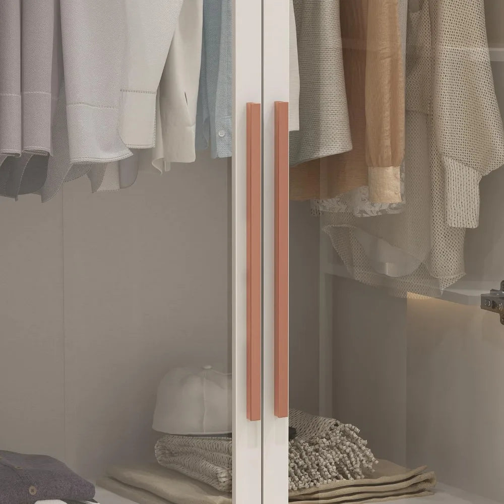 EVERLEE Modern Glass Door Wardrobe Armoire – LED-Lit Closet with Hanging Rod & Shelves