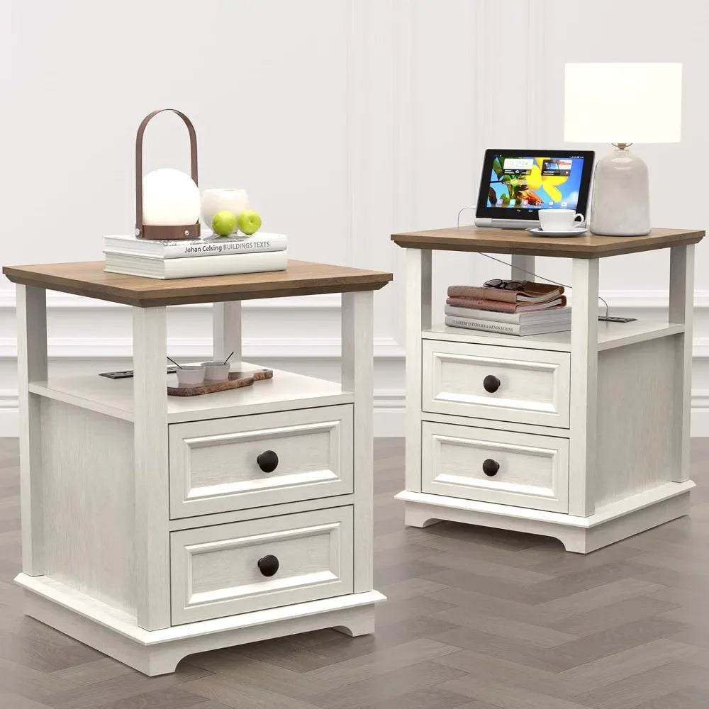 ALAYNA Rustic End Table with Charging Station & Storage Drawers
