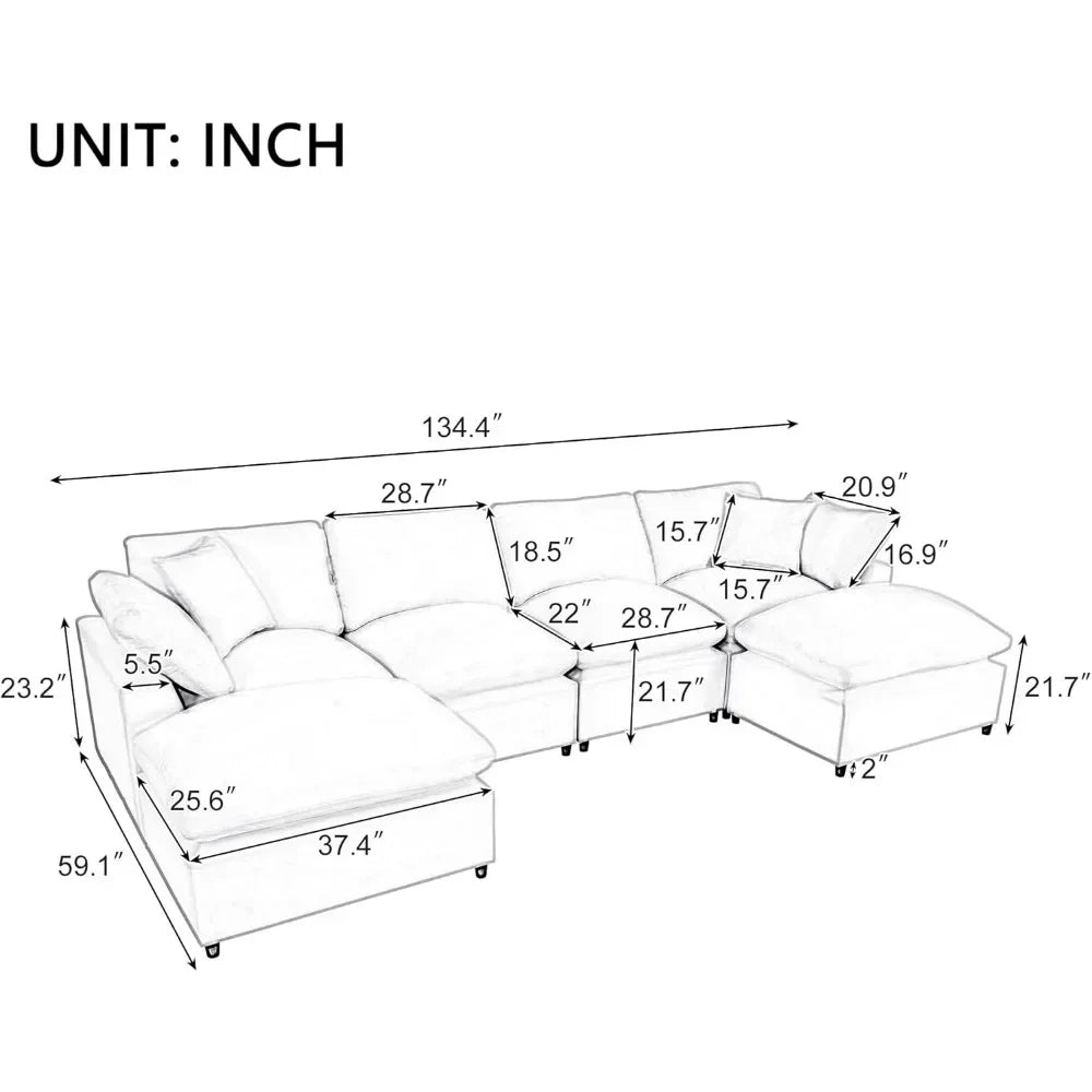 DEVIN Minimalist Modern Oversized U-Shaped Sectional Sofa – 6-Seater Modular Couch with Ottoman | 134.4"W