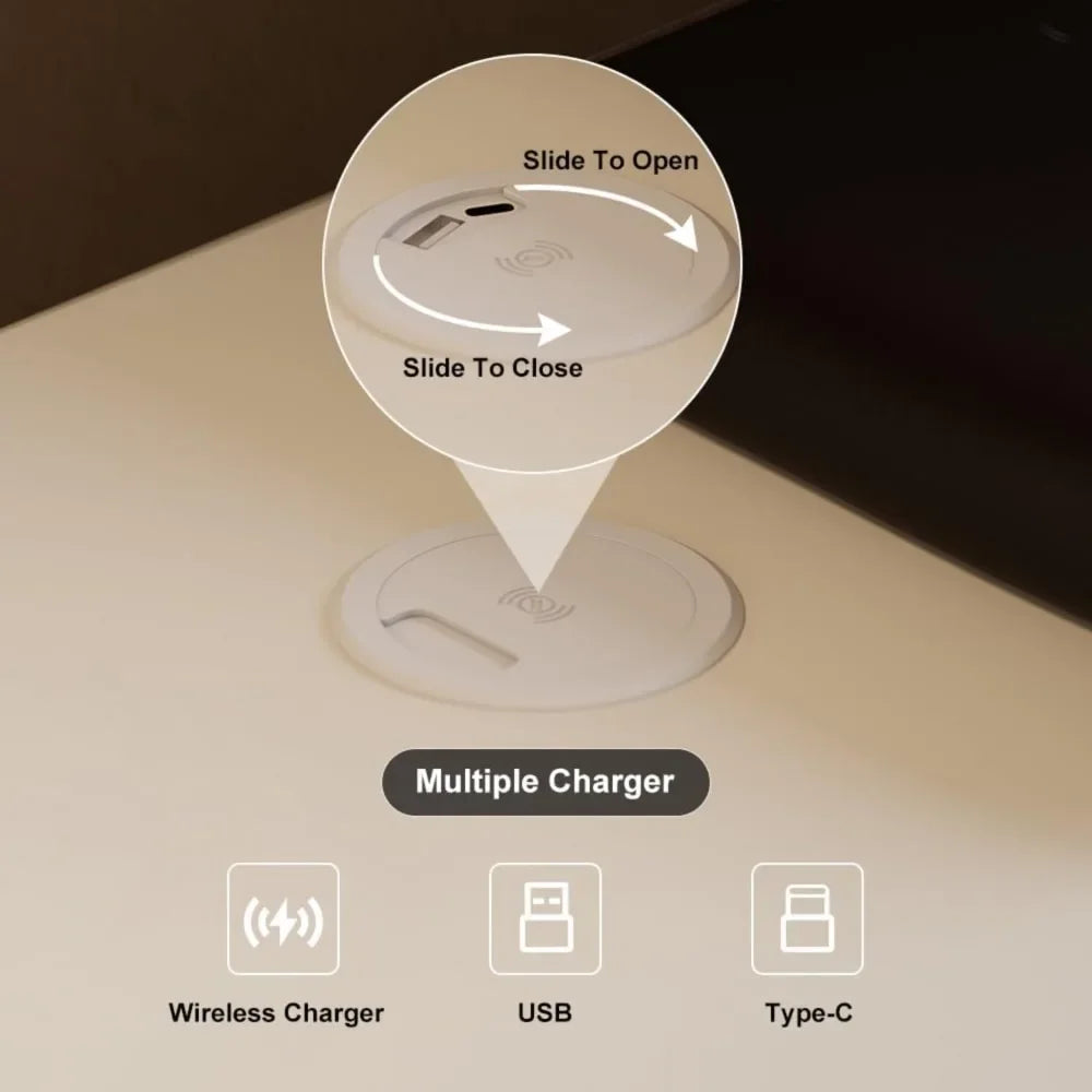 REBECCA Modern White Leather Smart Nightstand - 18'' Bedside Table with Wireless Charging & 2 Drawers