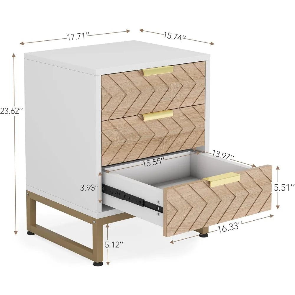 FRANCESCA Modern Zigzag 3-Drawer Nightstand Set – 17.71" Wide Wood & Metal End Table