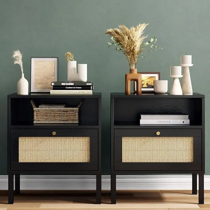 GISELLE Wooden Bedside Table with Metal Legs & Open Shelf - 18.9'' Wide