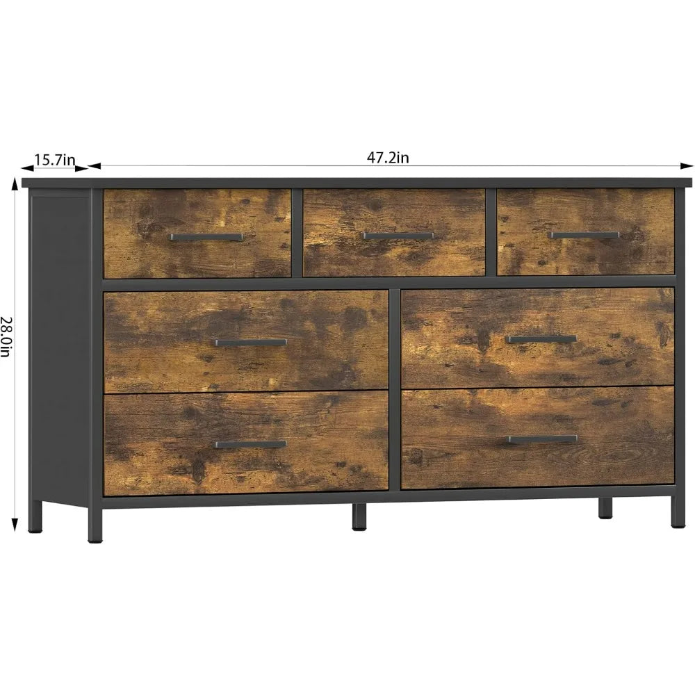 DAHLIA Rustic Industrial 7-Drawer Wood Storage Dresser - 47.2" Wide