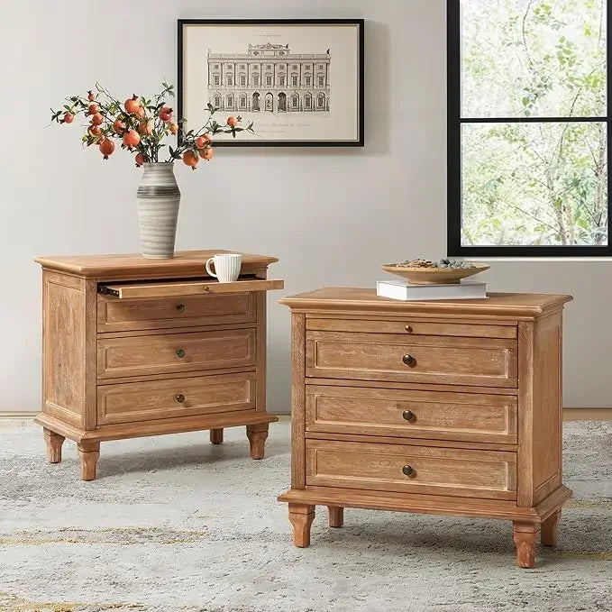ESME Rustic Wood Bedside Table with Charging Station & Pull-Out Shelf - 27''