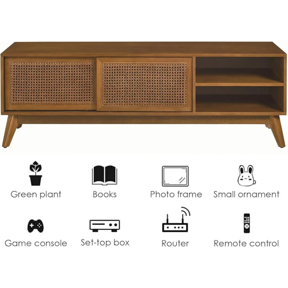 59 Inch Mid Century Modern TV Stand with Rattan Cabinet Doors, Boho TV Stand for 65 Inch TVs, Living Room/Bedroom TV Stand