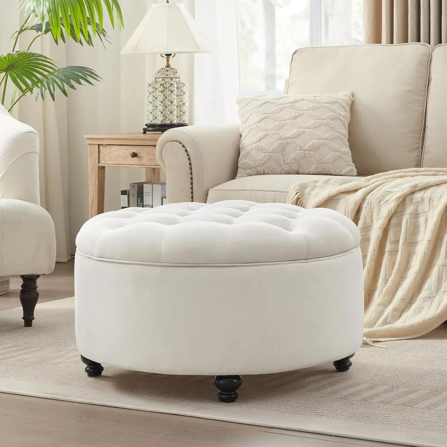CHASE 30-Inch Round Storage Ottoman with Button Tufting and Removable Top - 30" W