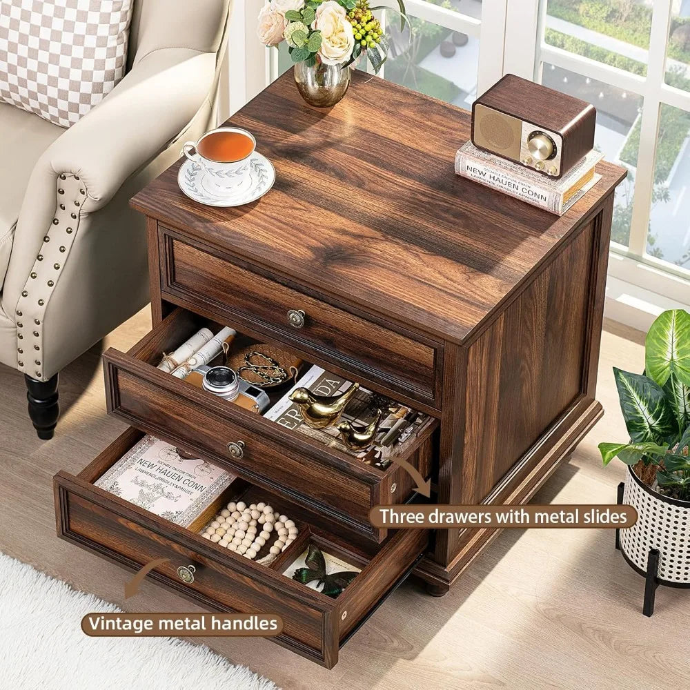 NAYELI Wide Nightstand Set of 2 – Solid Wood End Table with 3 Drawers for Bedroom