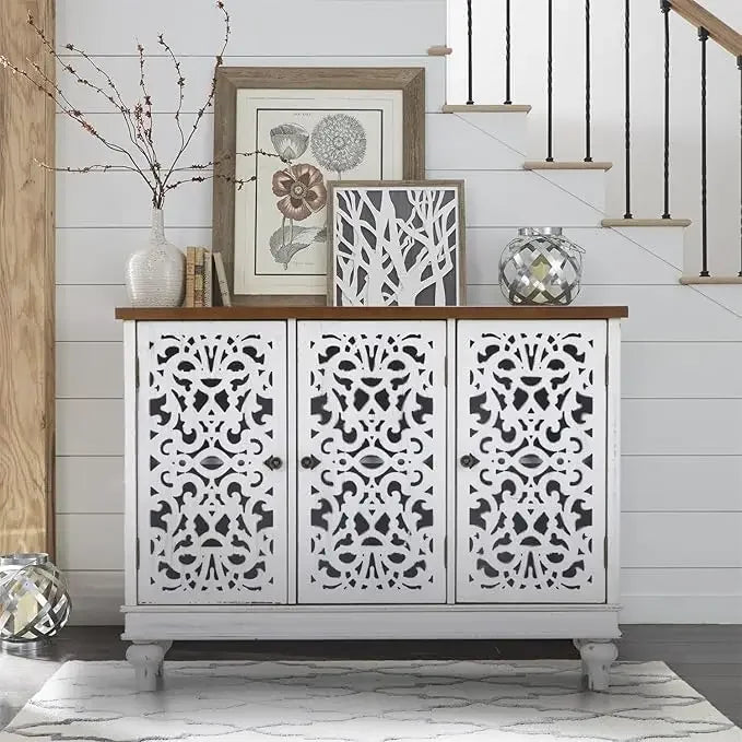 ALESSIA Vintage Carved Wood Accent Cabinet - 31.5" Tall Distressed Storage Cabinet
