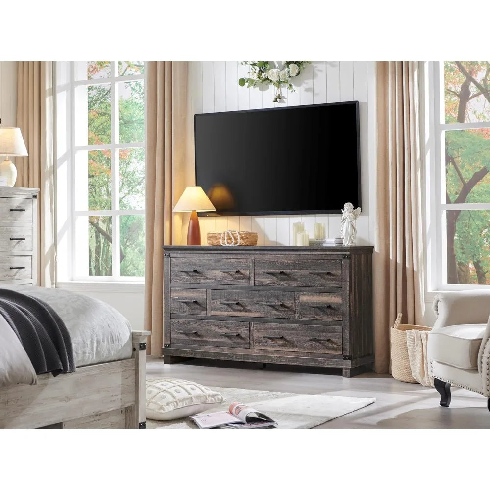 KIARA Farmhouse Rustic 7-Drawer Dresser – Antique Wooden Storage Chest – 54'' Wide Description: