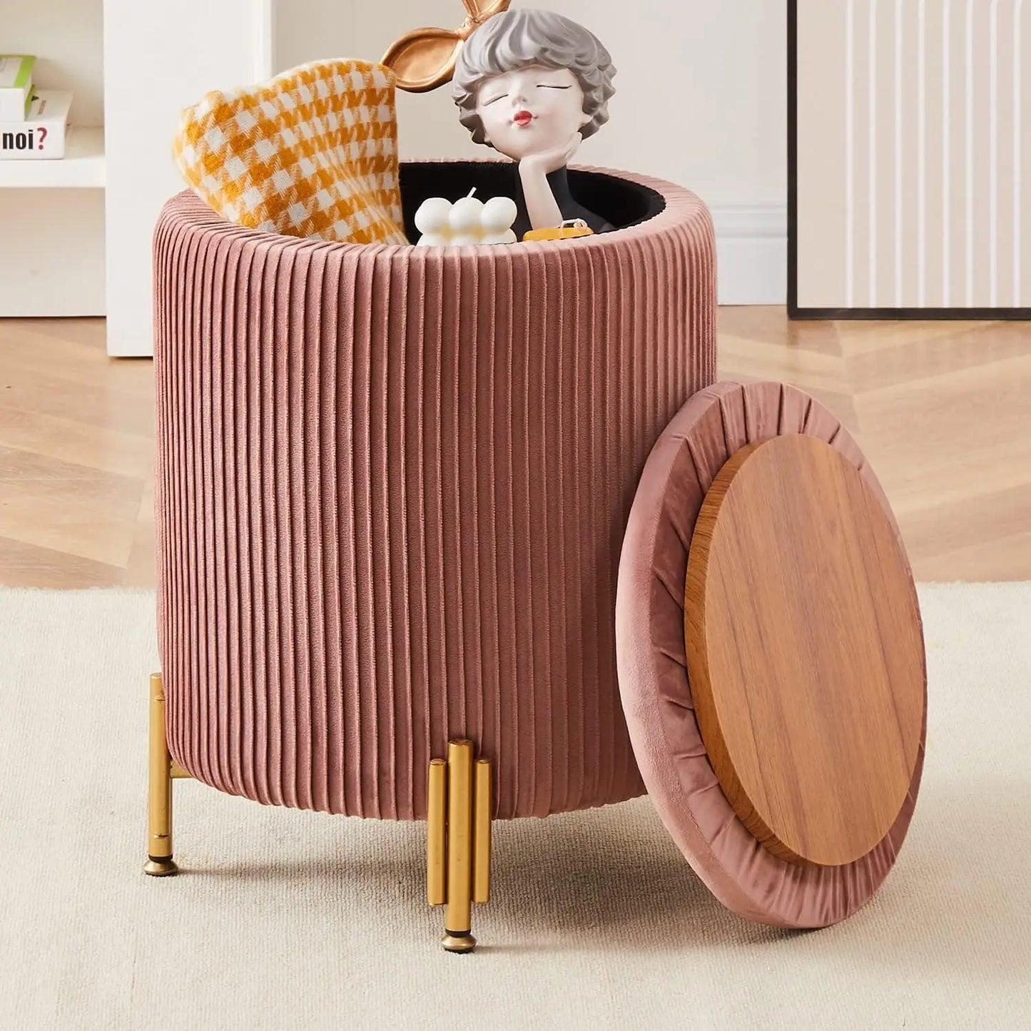 Ayden Round Velvet Upholstered Ottoman with Storage and Metal Legs - 13.8" W