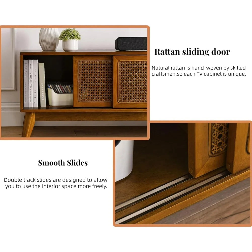 59 Inch Mid Century Modern TV Stand with Rattan Cabinet Doors, Boho TV Stand for 65 Inch TVs, Living Room/Bedroom TV Stand