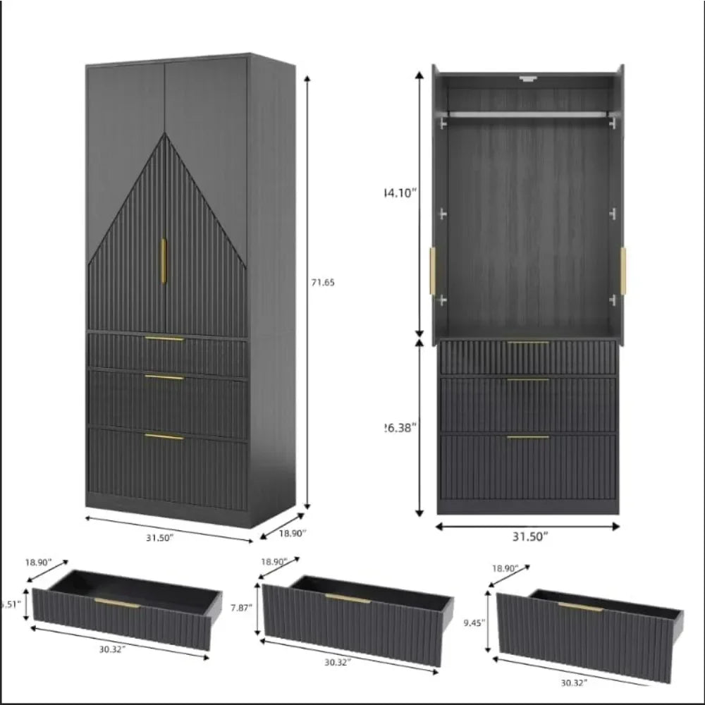 Modern Armoire Wardrobe – Black Woodgrain Closet with Drawers