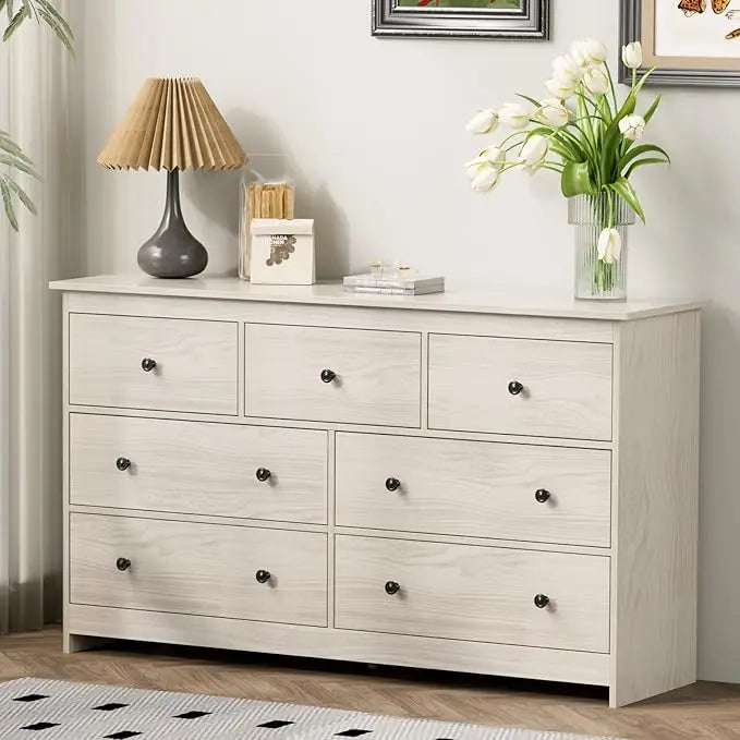 BRYNLEE Modern Minimalist 55'' Wide 7-Drawer Wood Dresser with Gold Handles