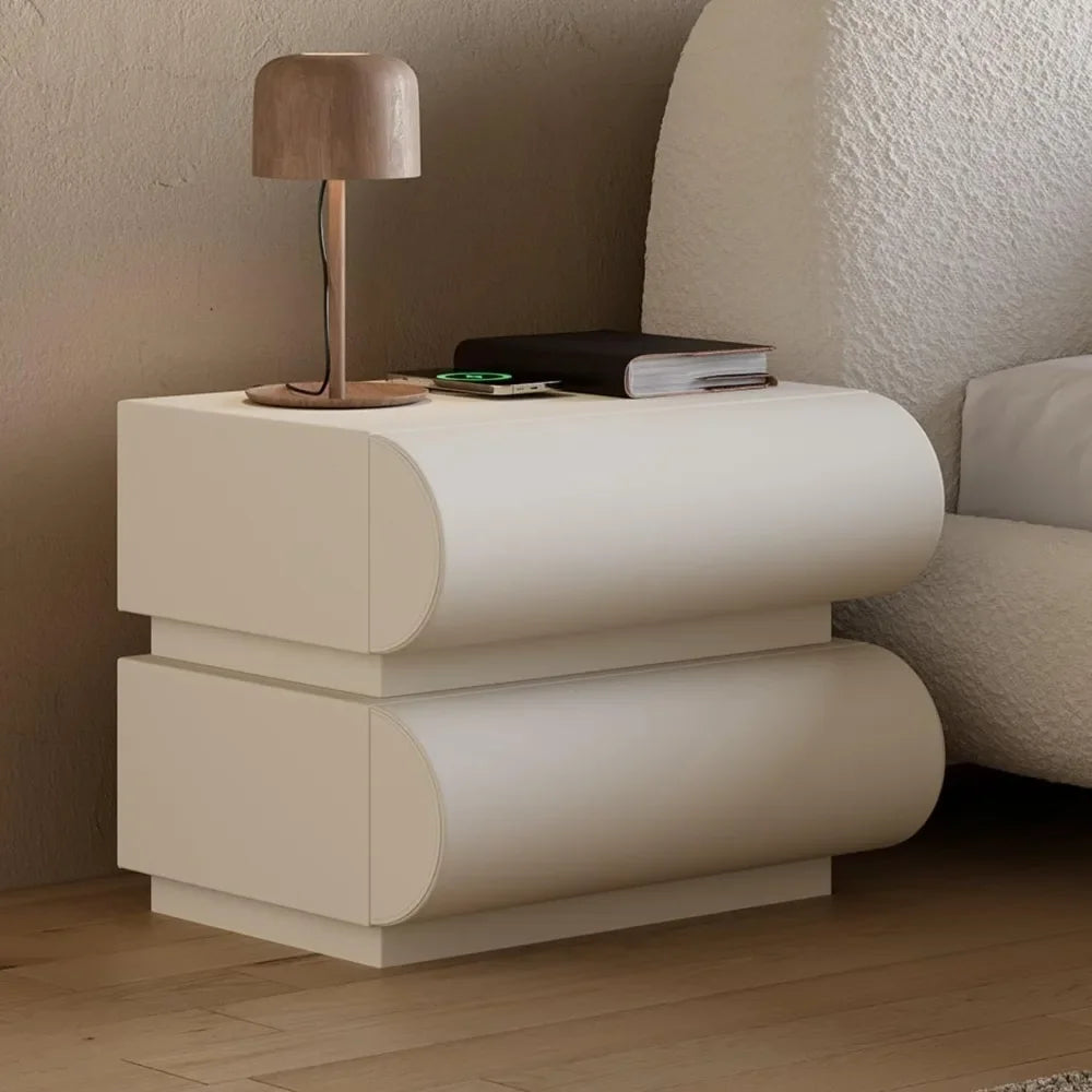 REBECCA Modern White Leather Smart Nightstand - 18'' Bedside Table with Wireless Charging & 2 Drawers