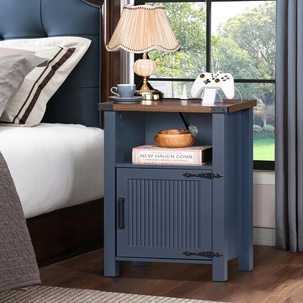 SERENA Farmhouse Nightstand Set of 2 with Charging Station - 18" Rustic Bedside Table with USB Ports & Storage