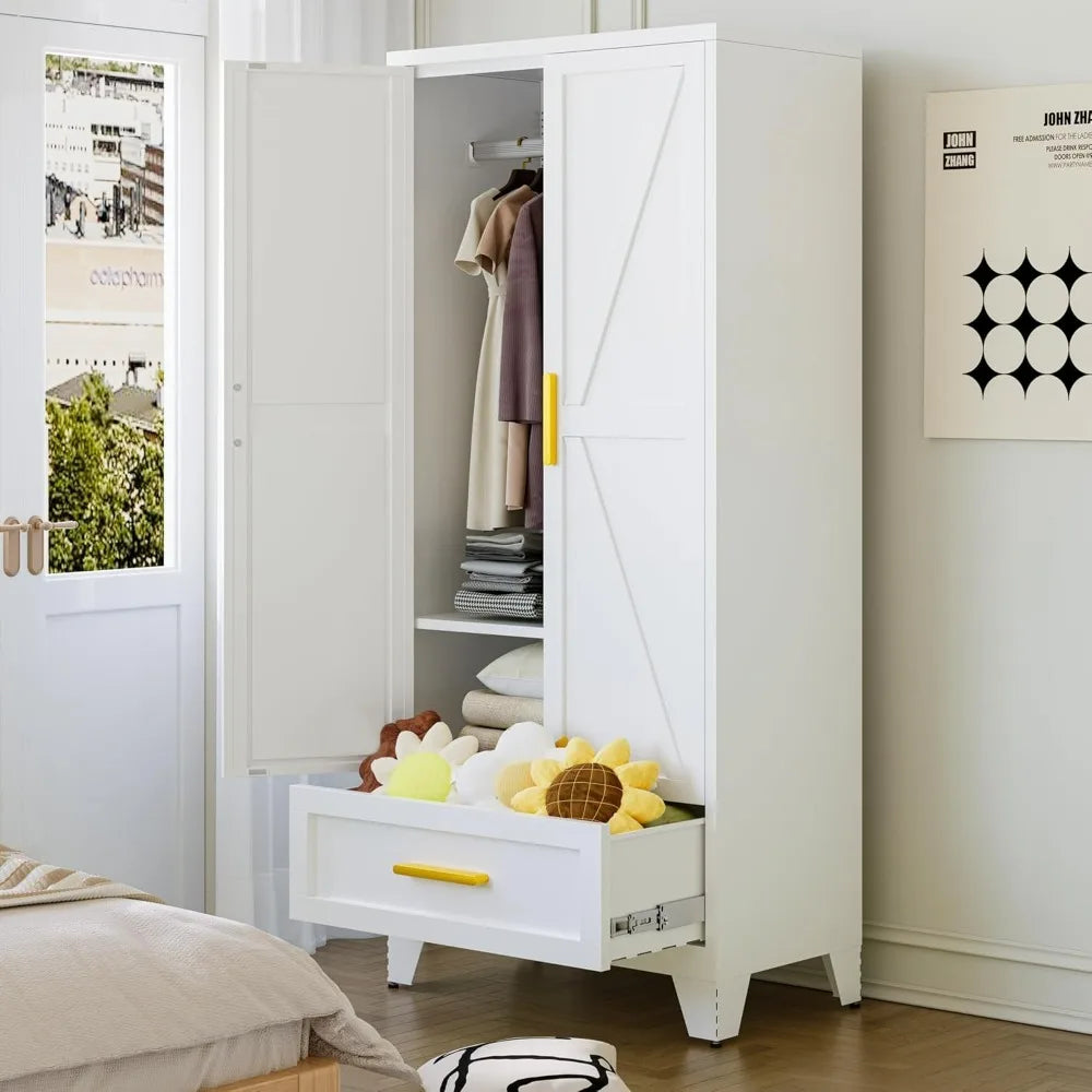 JOY Metal Barn Door Wardrobe Closet with Drawer – 31.5" Wide Steel Armoire
