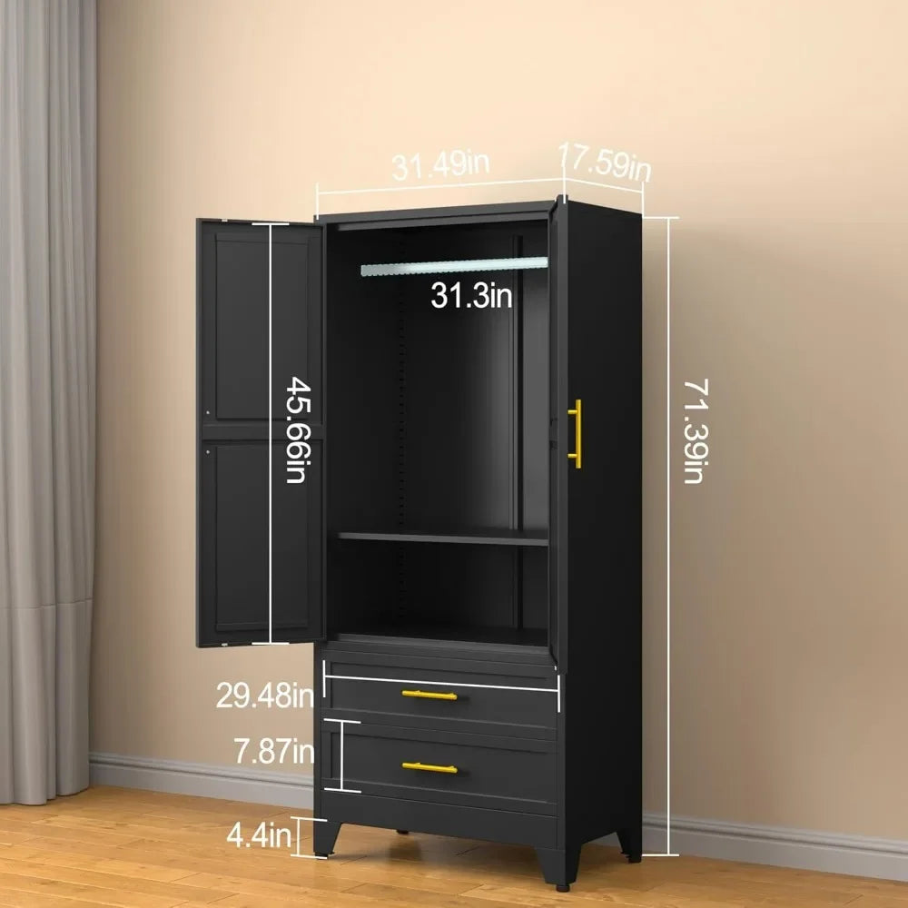 ALANNA Modern Metal Armoire Wardrobe Closet with Hanging Rod & Drawers