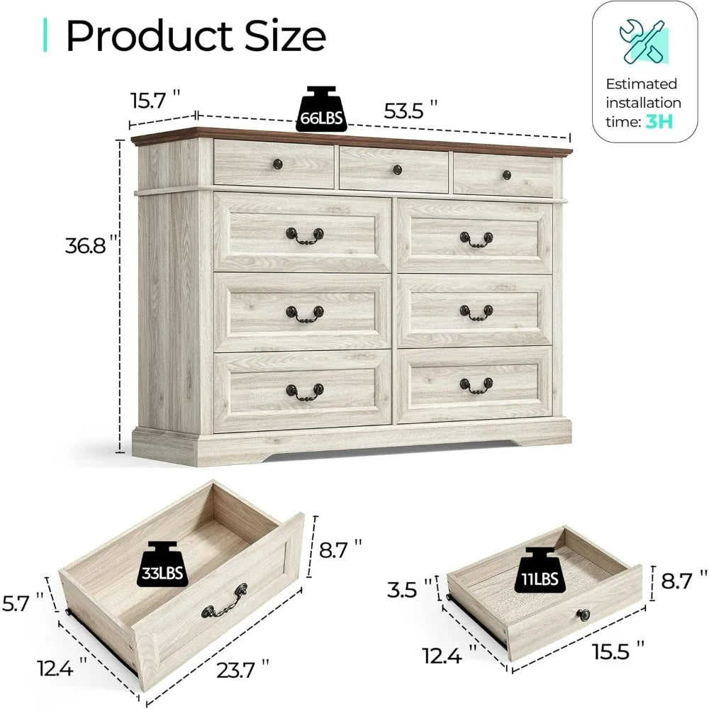 JULIANA Farmhouse 9-Drawer Wood Dresser - 53'' Wide Rustic Chest for Bedroom