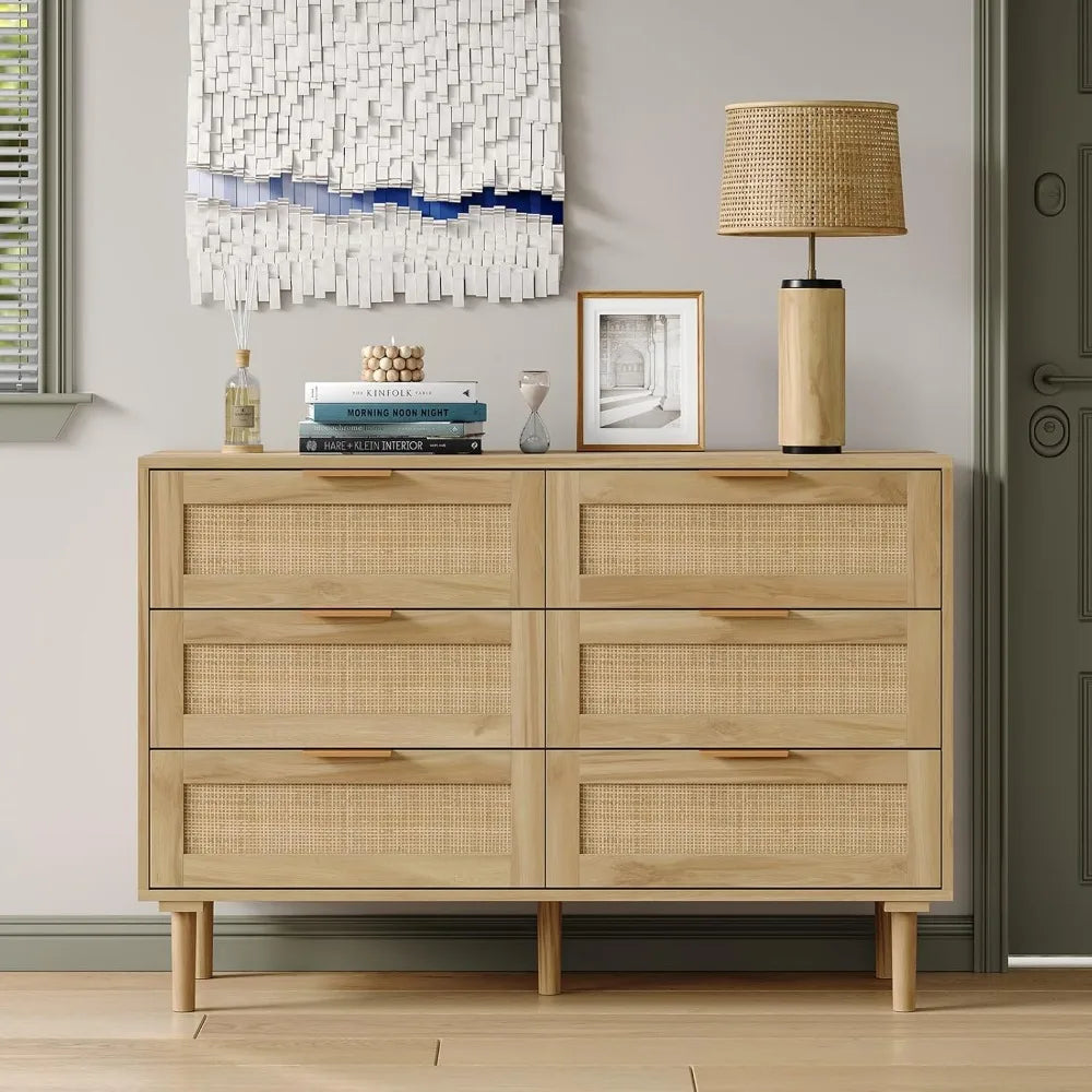 PALMER Modern Rattan 6-Drawer Wooden Dresser - 43" Wide Chest of Drawers