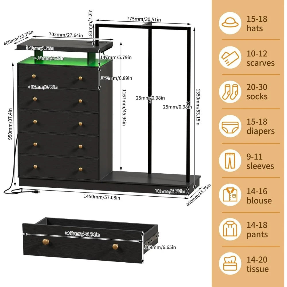 LILLY Modern LED 5-Drawer Dresser with Hanging Rack & Charging Station
